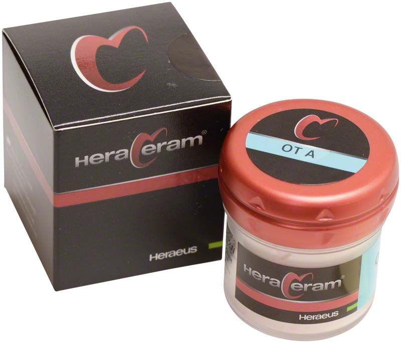 HeraCeram® Opal Transpa 20g OTA Keramikpulver mit rotem Deckel und Verpackung.