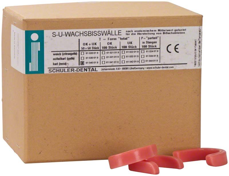 Braune Verpackung der S-U-Wachsbisswälle T Hart rosa für Ober- und Unterkiefer.