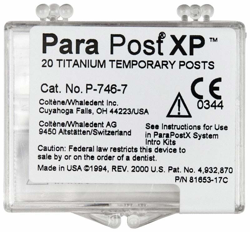 ParaPost® XP™ Temporärstifte Verpackung mit Produktinformationen und CE-Kennzeichnung.