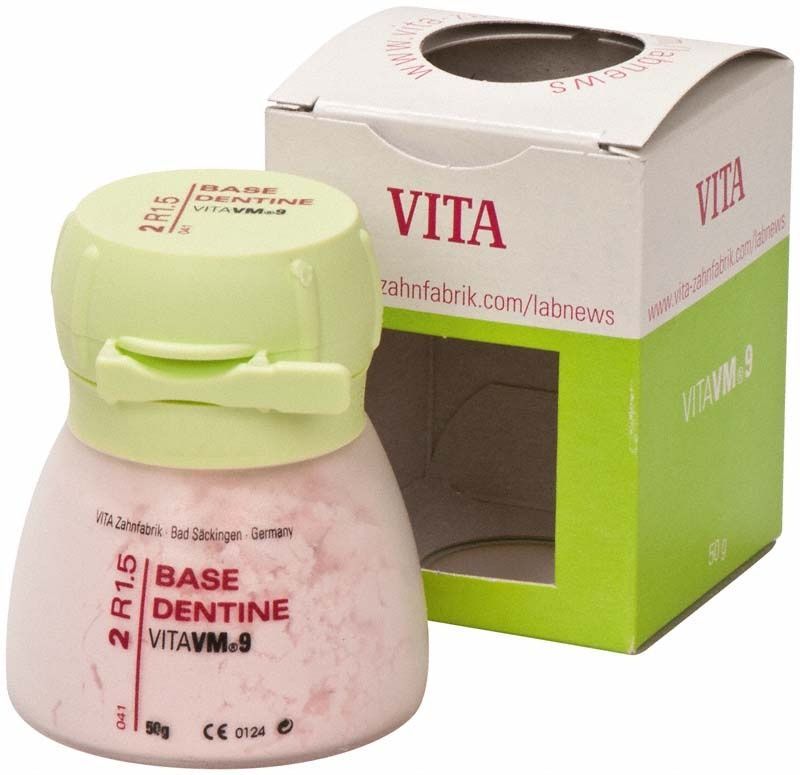 VM9 3D Base Dentin 50g 2R1.5 in weiß-grüner Verpackung.