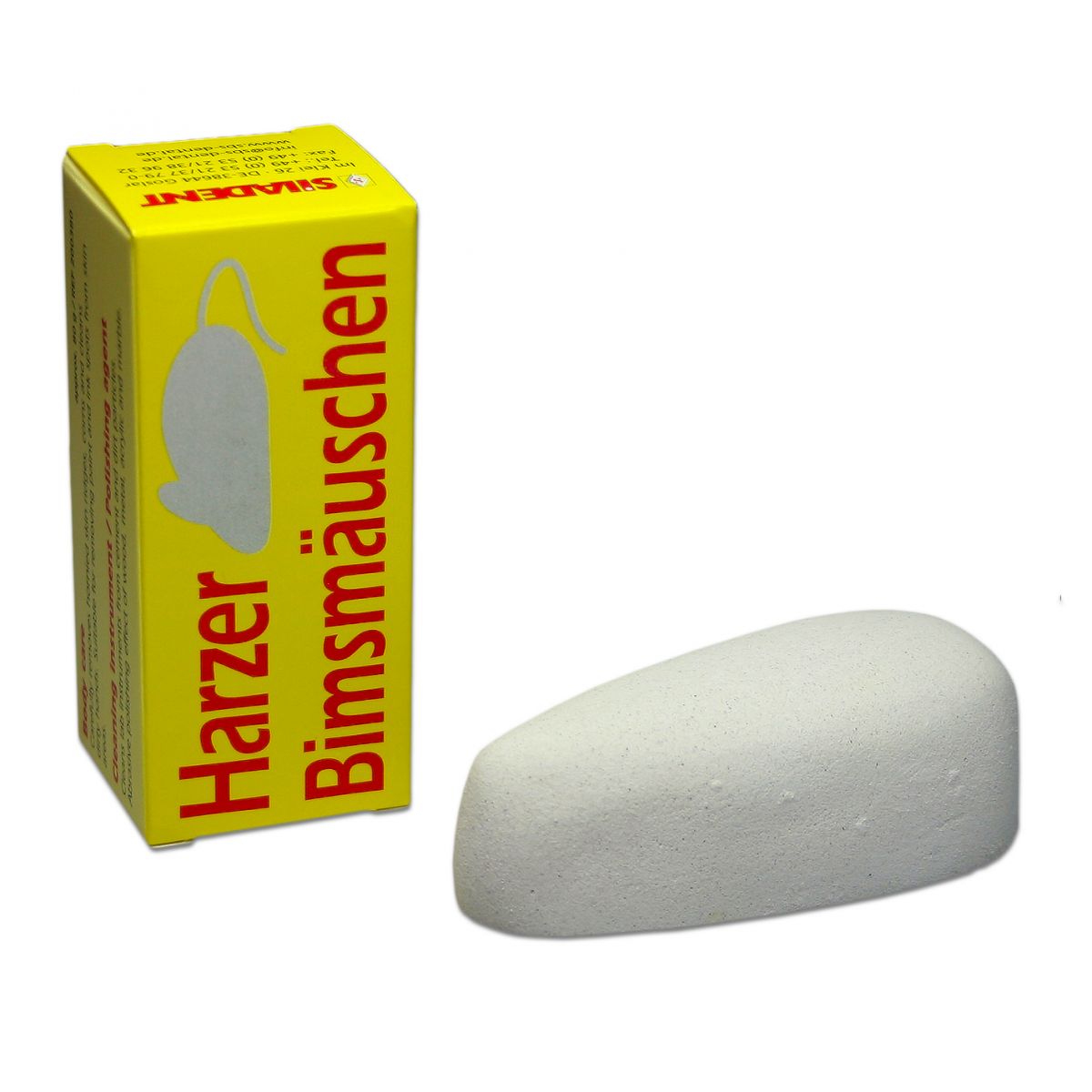 Harzer Bimsmäuschen vor gelber Verpackung mit rotem Schriftzug.