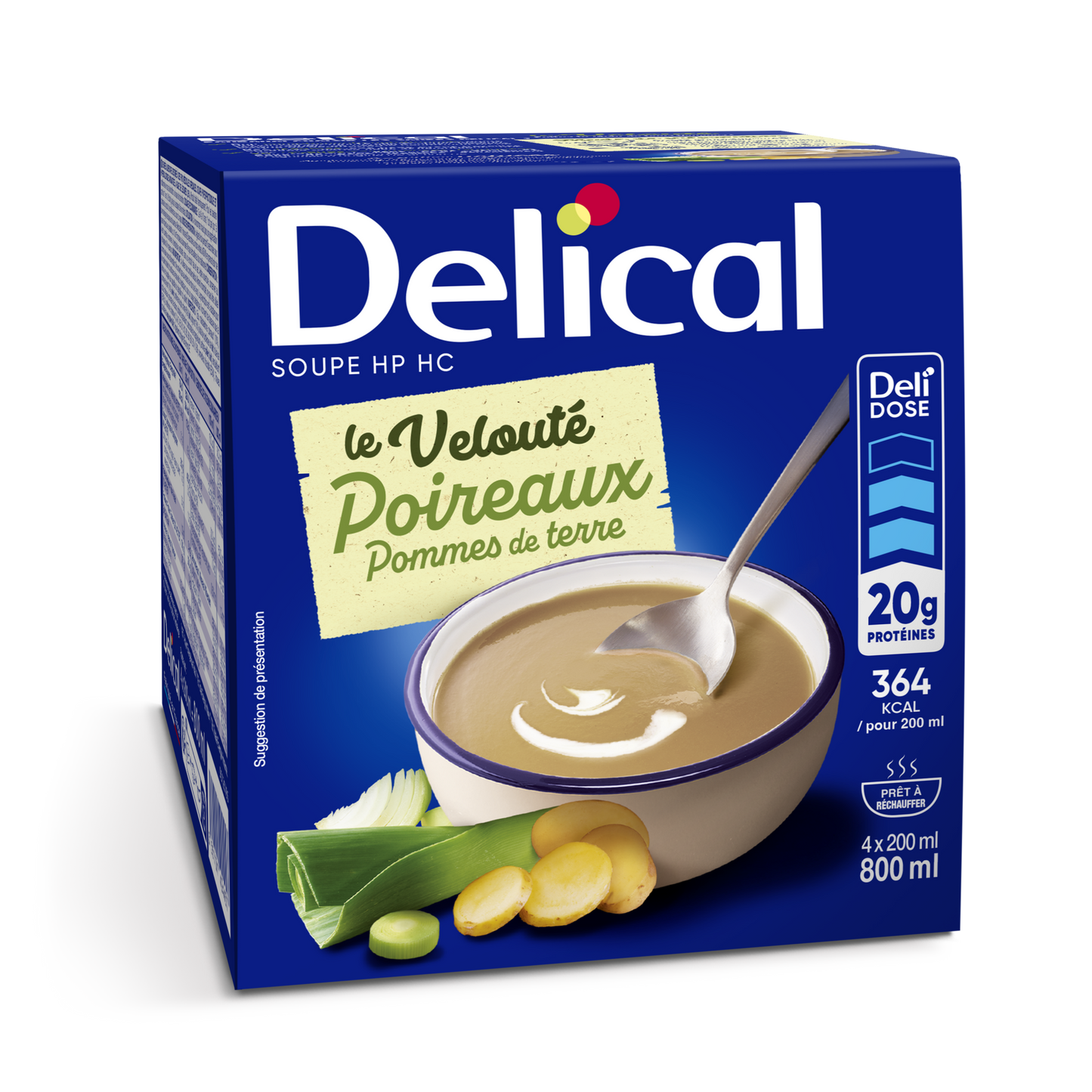 Delical Lauch-Kartoffel-Suppe in blauer Verpackung mit Löffel und Gemüseabbildung.