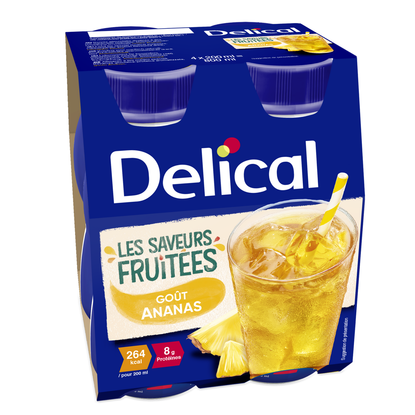 Sechserpack DELICAL SAFT Getränk Ananasgeschmack mit Fruchtabbildung, 200 ml Flaschen.