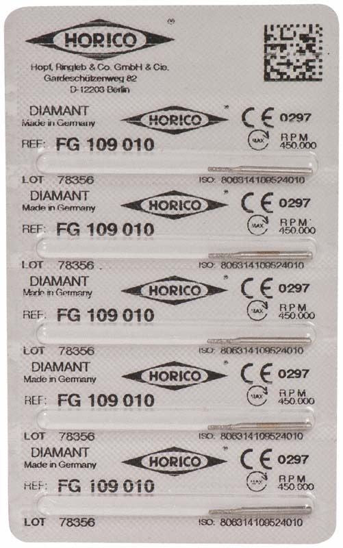 Verpackung von Diamant FG 109 010 Dentalbohrern mit CE-Kennzeichnung.