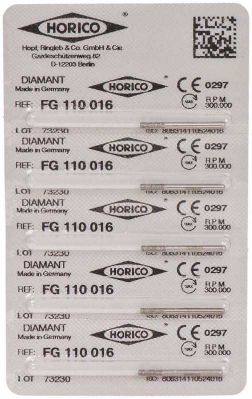 Blisterverpackung mit Diamant FG 110 016 Schleifinstrumenten.