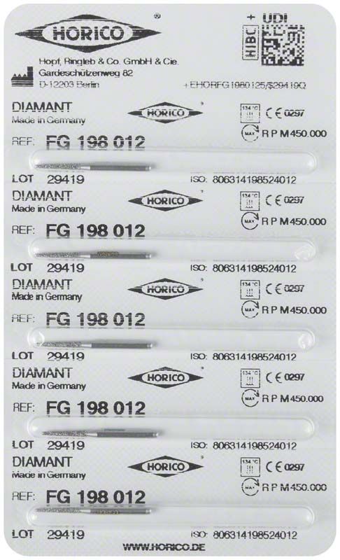 Blisterverpackung mit fünf Diamant-Bohrern FG 198 012 von Horico.