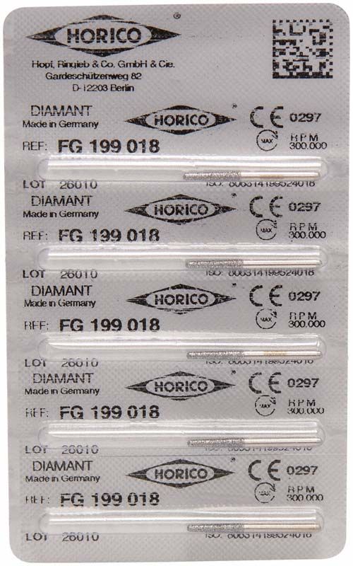 Blisterpackung mit Diamant FG 199 018 Schleifinstrumenten von Horico.