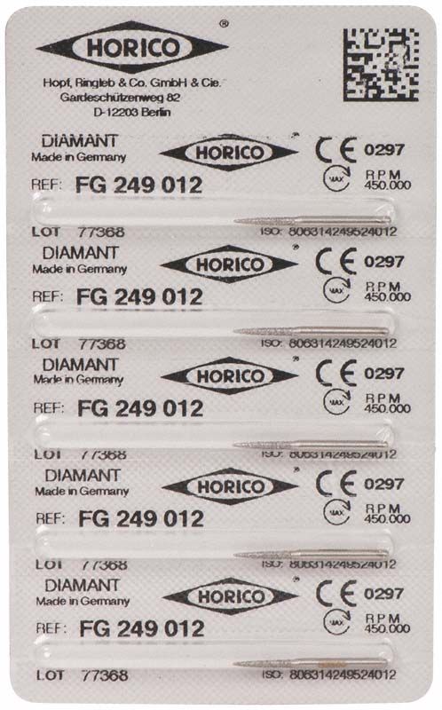 Verpackung von Diamant FG 249 012 Schleifkörpern mit CE-Kennzeichnung.