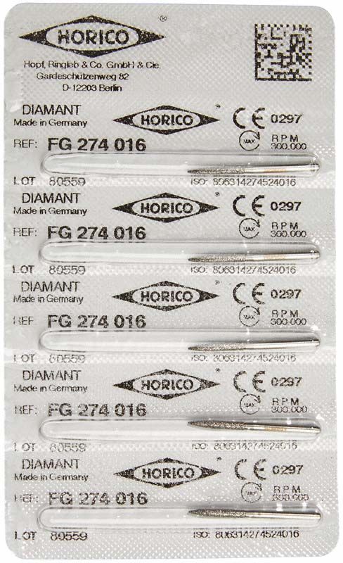 Blisterpackung mit Diamant FG 274 016 Fräsern, fünf Stück.