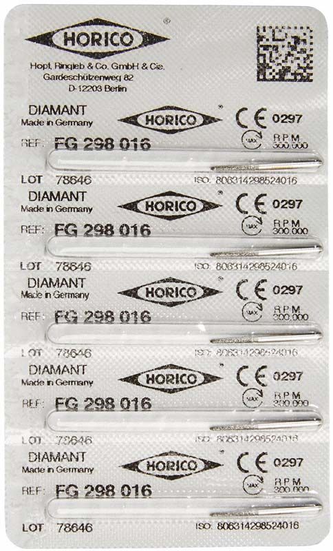 Verpackung von Diamant FG 298 016 Dentalbohrern, steril verpackt.