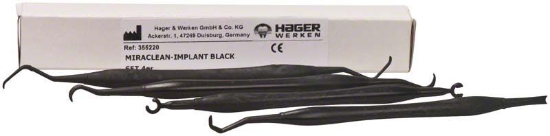 Miraclean-Implant black Set mit schwarzen Reinigungsinstrumenten und Verpackung.
