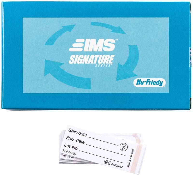 Indikatorenetiketten für IMS Sterilisations-Container mit Beschriftungsfeldern.