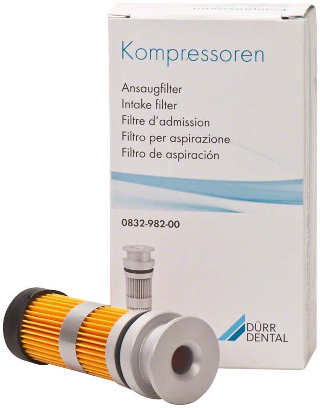 Ansaugfilter für Dürr Dental Kompressoren mit Verpackung im Hintergrund.