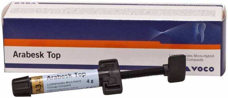 Lichthärtendes Composite Arabesk Top Spritze A3,5 mit Verpackung von Voco.