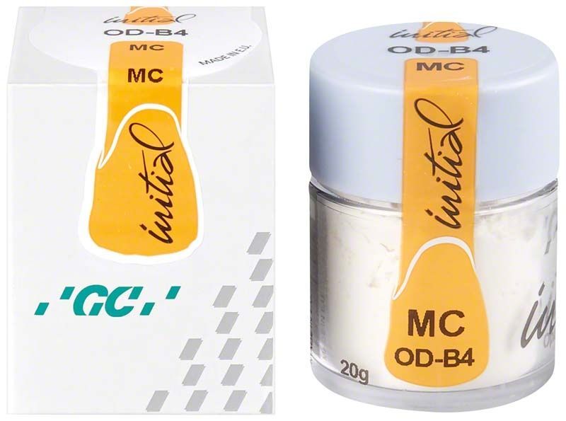 GC Initial MC Opaque Dentin 20g ODB4 in weißem Behälter mit Verpackung.