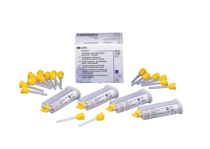 Mehrere Tuben Express mittelviskos normalabbindend (violett) mit gelben Mischdüsen.