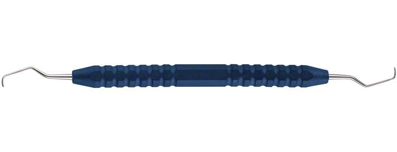 Zahnärztliche Kürette mit blauem, strukturiertem High-Tech-Griff.