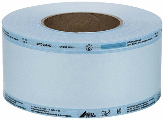 Hygofol Rollen 75mm 100m Klarsichtsterilisierverpackung mit blauer Umrandung.