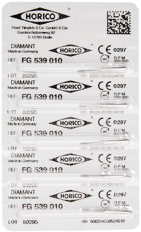 Blisterpackung mit fünf Diamantinstrumenten, Modell FG 539 010, von Horico.