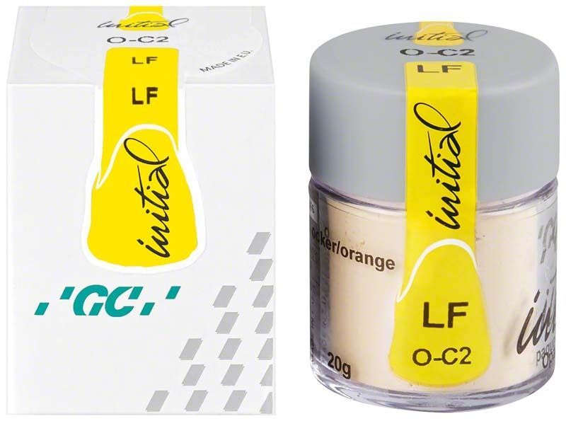 GC Initial LF Powder Opaque OC2 in Verpackung und Dose mit gelbem Etikett.