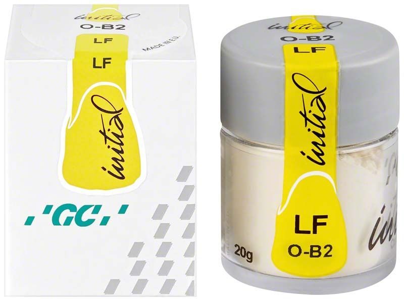 GC Initial LF Powder Opaque OB2 im Glasbehälter neben der Verpackung.