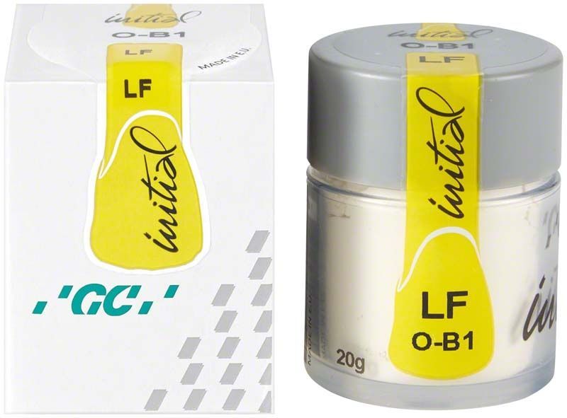 GC Initial LF Pulver Opaque OB1 in Plastikdose und Verpackung.