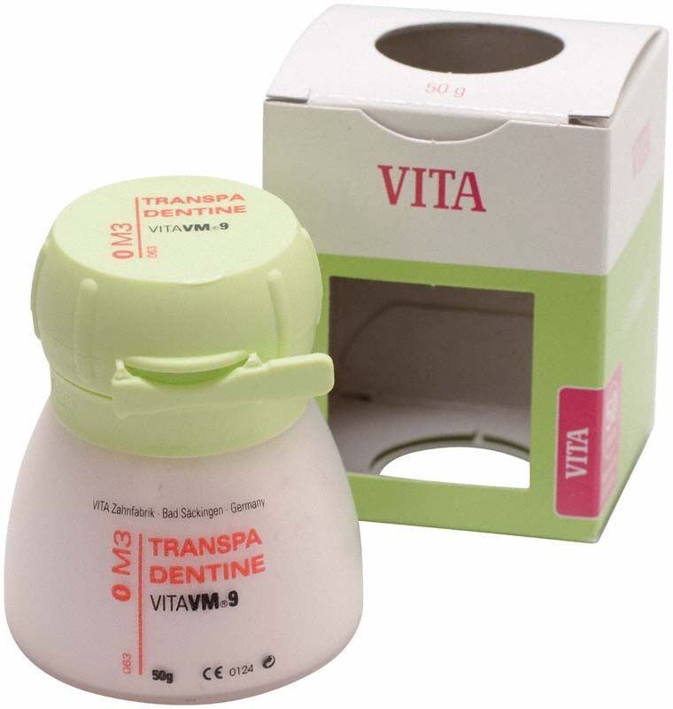 VM9 3D Transpa Dentin 50g 0M3 in Verpackung mit grünem Deckel.