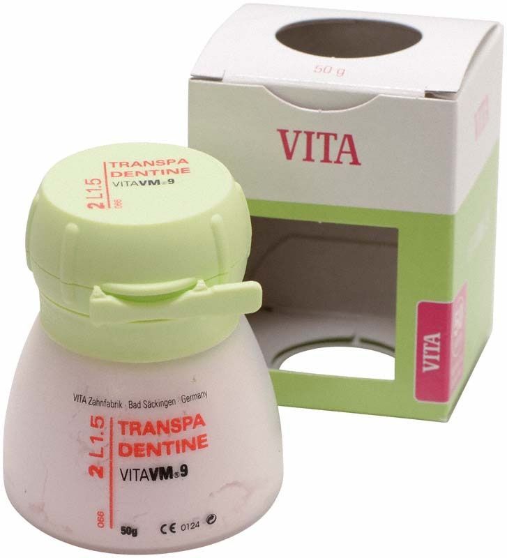 VM9 3D Transpa Dentin 50g 2L1.5 Zahntechnikpulver vor Verpackung.