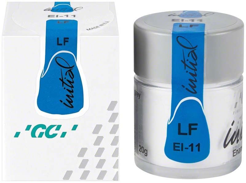 GC Initial LF Enamel Intensive EI-11 in weißer Verpackung und Glasbehälter.