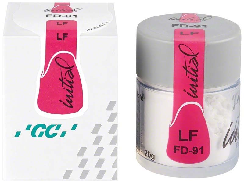 GC Initial LF Fluo-Dentin FD-91 Verpackung mit Glasbehälter und pinkfarbenem Etikett.