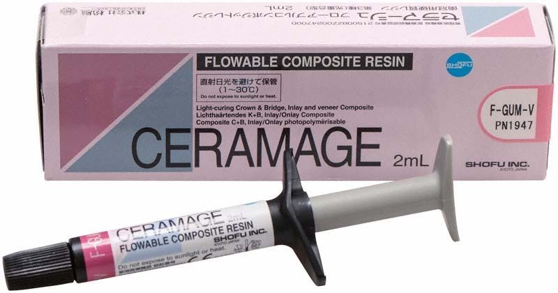Ceramage Flowable Composite Resin Spritze vor Verpackung mit Shofu-Logo.