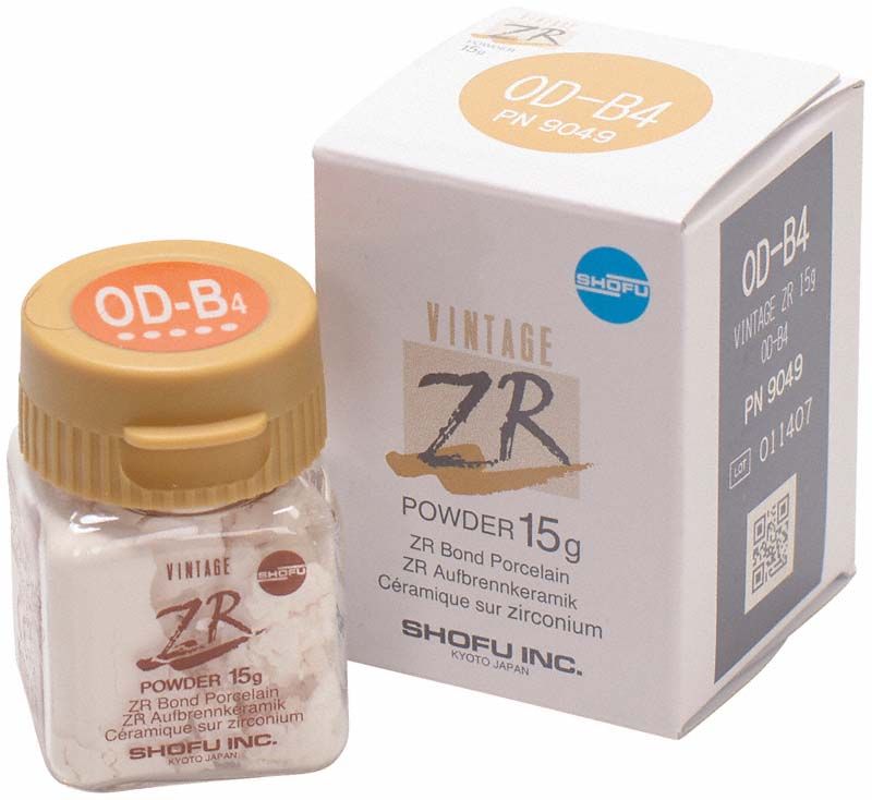 Transparenter Behälter mit VINTAGE ZR Opaque Dentin OD-B4 15g und Verpackung.