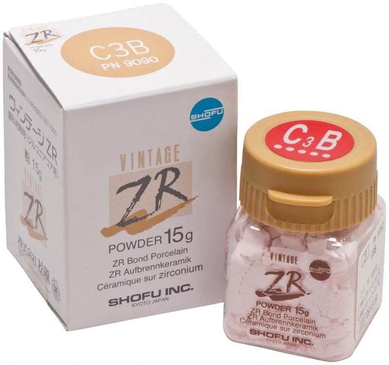 Vintage ZR Dentin C3B Pulver 15g in Glasflasche neben Verpackung.