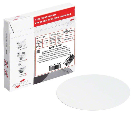 Verpackung der ISOFOLAN® Tiefziehfolien und eine einzelne runde Folie.