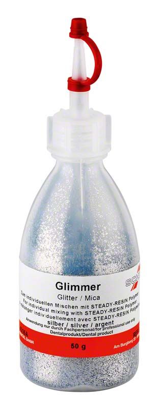 Glimmer silber Glitzerpulver in transparenter Flasche mit rotem Deckel.