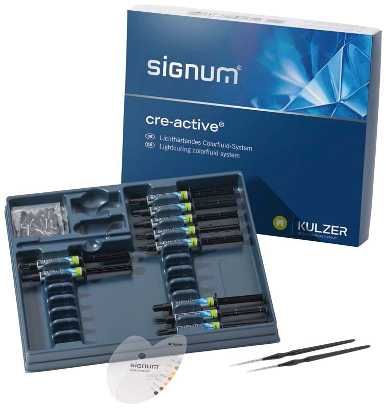 Signum® Cre-active® Lichthärtendes Colorfluid-System mit Zubehörset in geöffneter Verpackung.