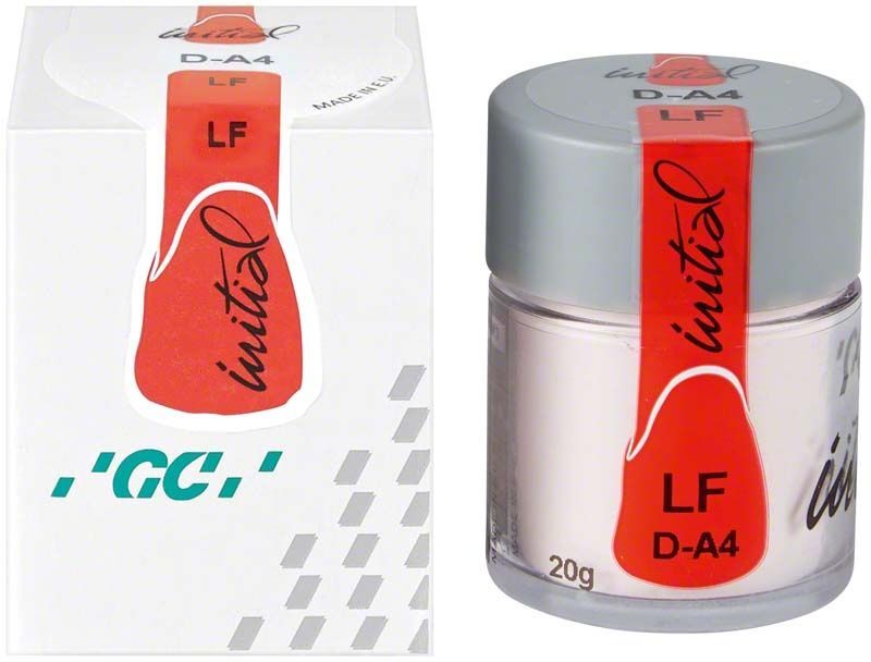 Glasbehälter mit GC Initial LF Dentin DA4 Pulver und Verpackung.