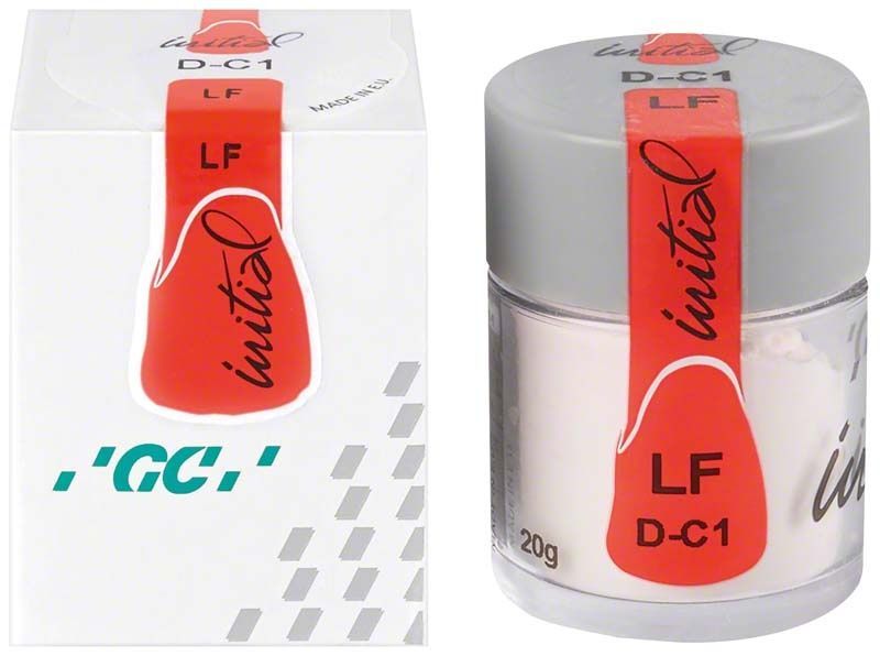 Transparente Verpackung mit GC Initial LF Dentin DC1 Zahnmaterial.
