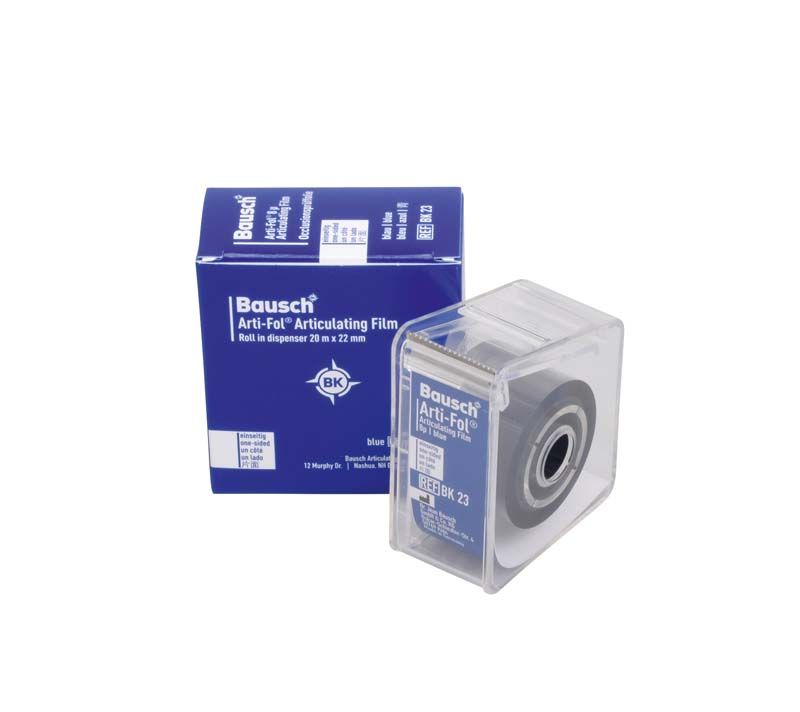Arti-Fol® Plastik 8µ Spenderbox mit blauer Artikulationsfolie, 22mm breit.