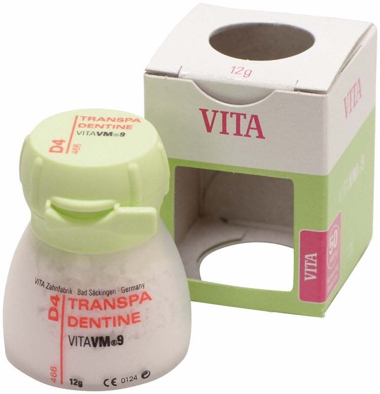 Transparente Zahndentinpulver-Verpackung VM9 D4, 12g, neben geöffneter Box.
