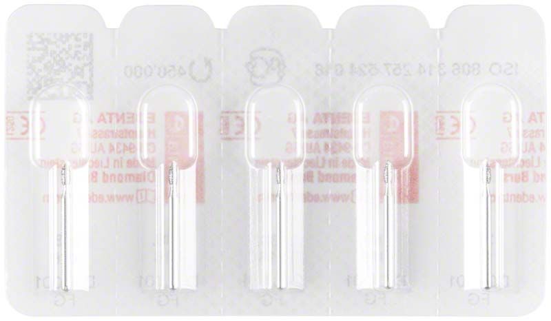 Blisterverpackung mit vier Diamant-FG-368-016-Dentalbohrern.