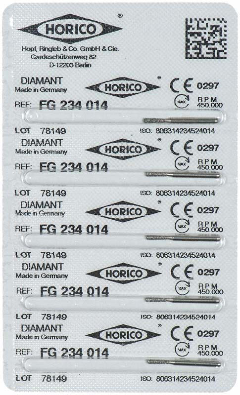 Verpackung mit mehreren Diamant-FG-234-014-Dentalbohrern von Horico.