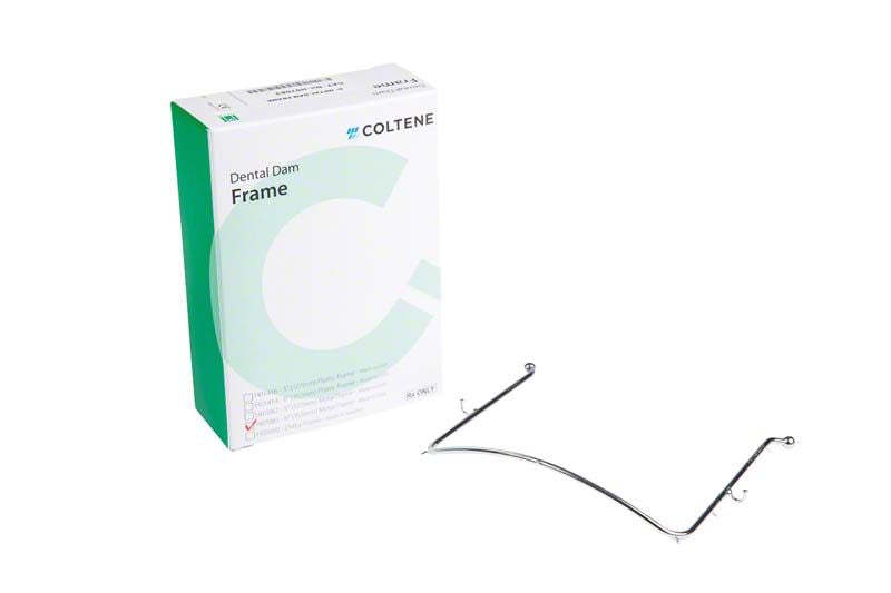 Hygenic Dental Dam Rahmen Metall 15cm neben Verpackung.