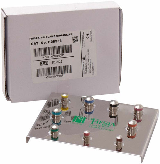 HYGENIC®FIESTA Klammer-Organizer mit farbcodierten Klammern auf silberner Halterung.