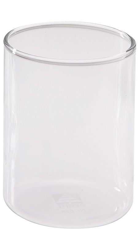 Zylindrisches Mundspülglas aus klarem Glas mit verschmolzenem Rand.
