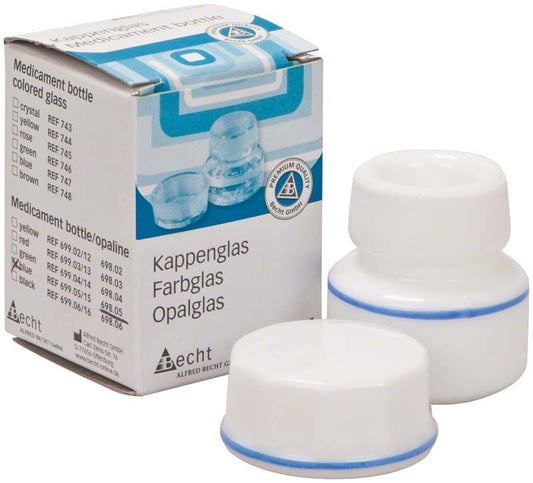 Kappenglas Simplex-Opalglas mit blauem Ring und Verpackung.