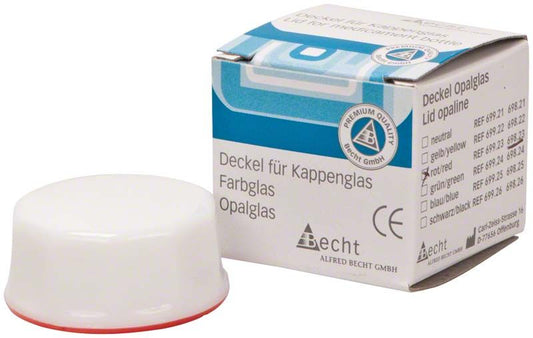 Kappenglasdeckel Simplex-Opalglas mit rotem Ring neben Verpackung.
