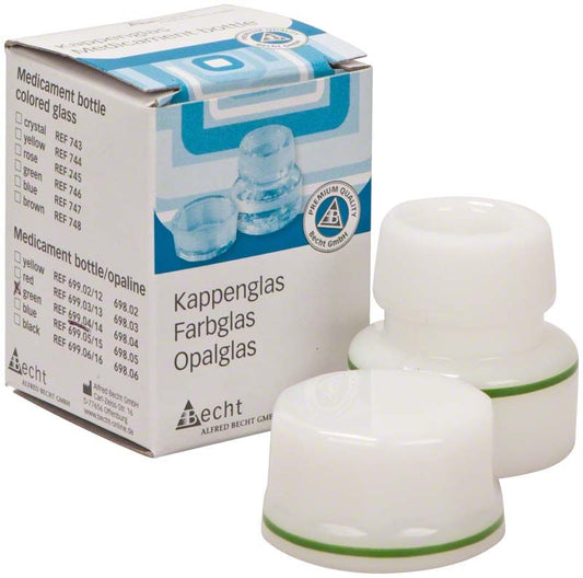 Kappenglas aus Opalglas mit grünem Ring, neben Verpackung.