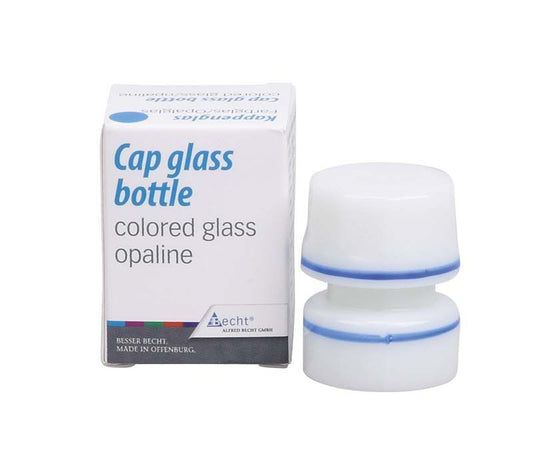 Kappenglas aus Opalglas mit blauem Ring neben Verpackung.