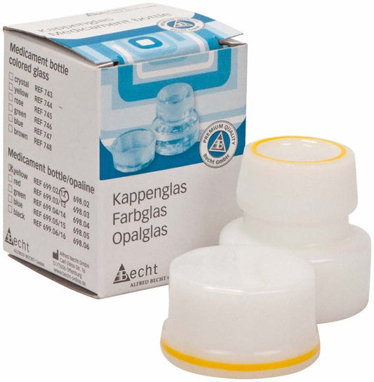 Kappenglas aus Opalglas mit gelbem Ring, neben Verpackung.